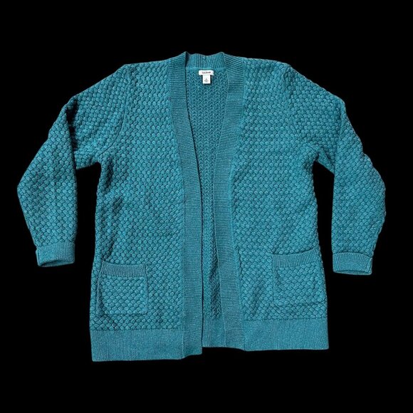 LL Bean Cardigan Sweater Womens Teal Knit Large Open Front Long Sleeve Woven - Picture 2 of 8